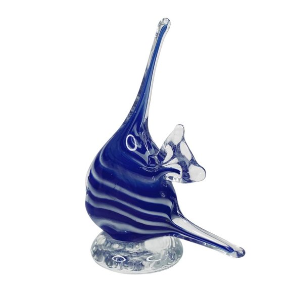 Vintage Hand Blown Art Glass Figurine Angelfish Figurine Cobalt Blue Striped - Picture 4 of 10